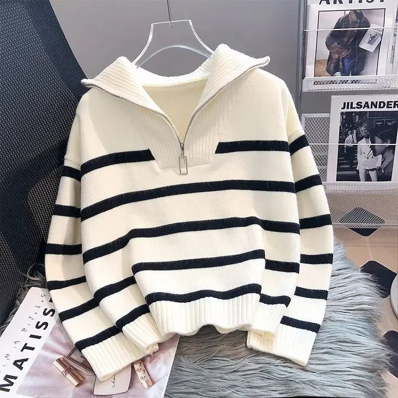 Women's Striped Zip Pullover Sweater