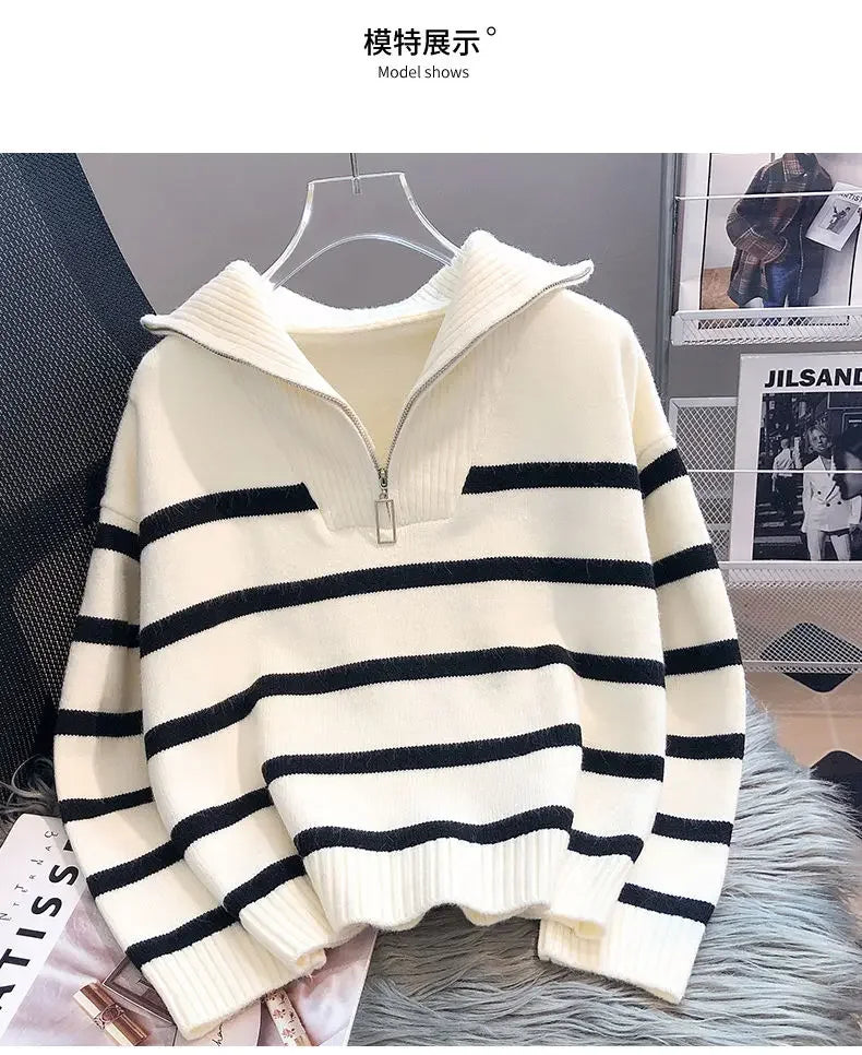 Women's Striped Zip Pullover Sweater