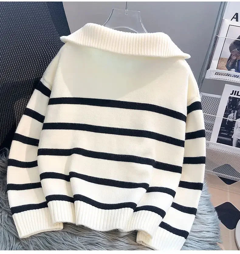 Women's Striped Zip Pullover Sweater
