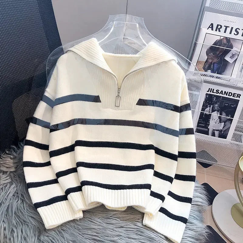 Women's Striped Zip Pullover Sweater