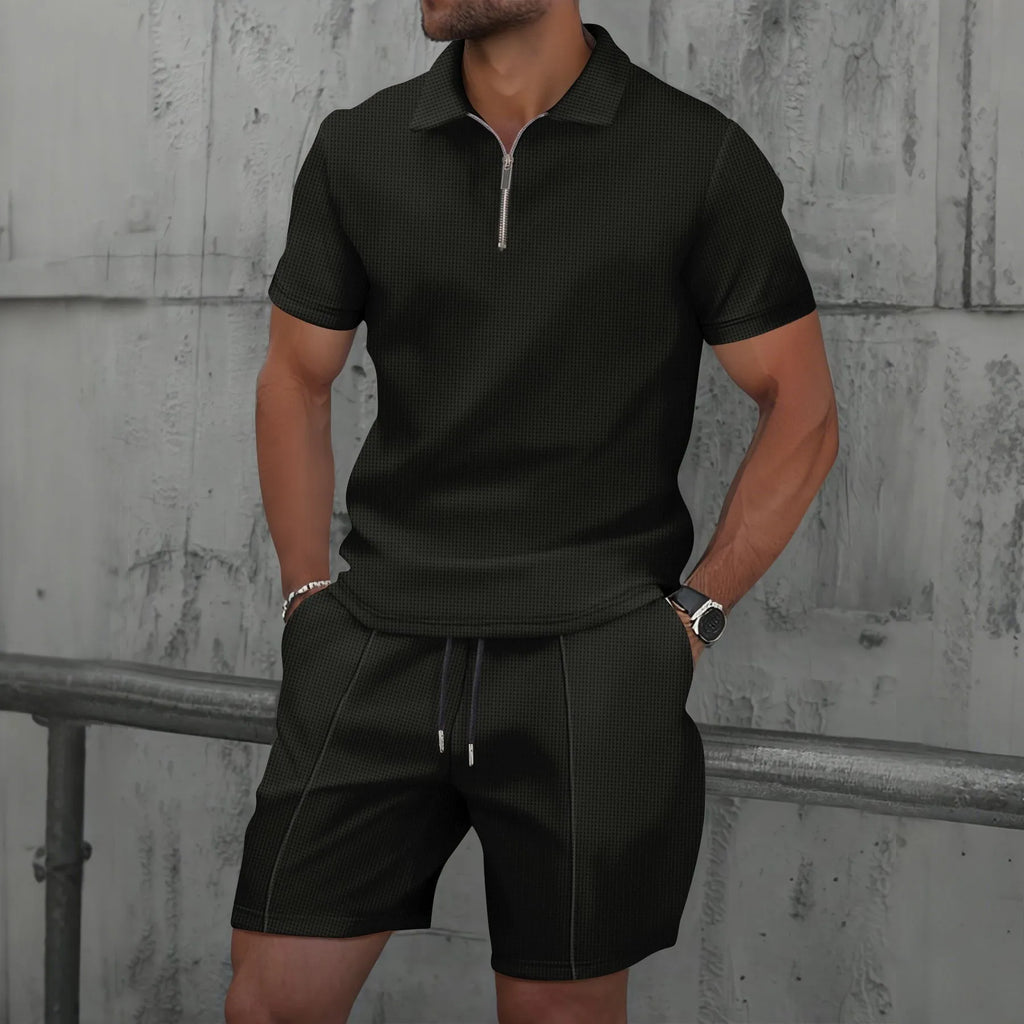 Men's Waffle Zip-Up Short Set