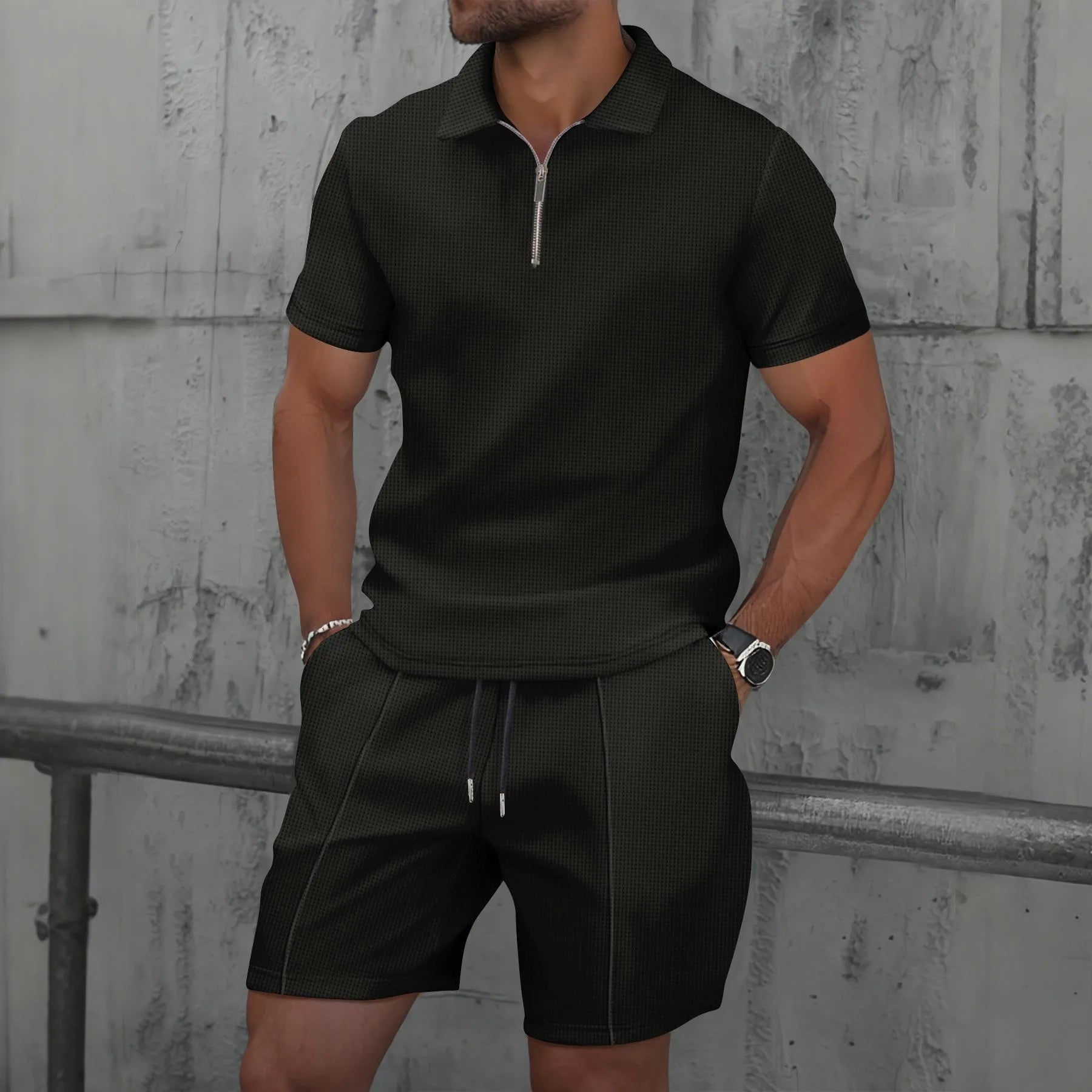 Men's Waffle Zip-Up Short Set