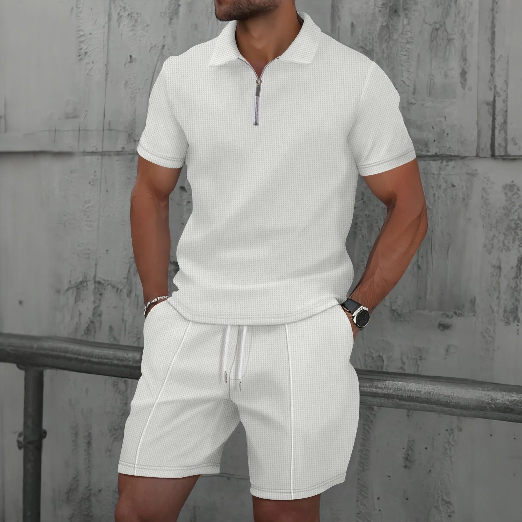 Men's Waffle Zip-Up Short Set