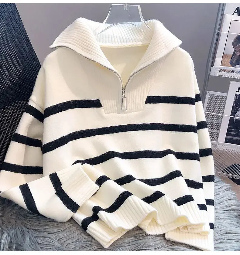 Women's Striped Zip Pullover Sweater