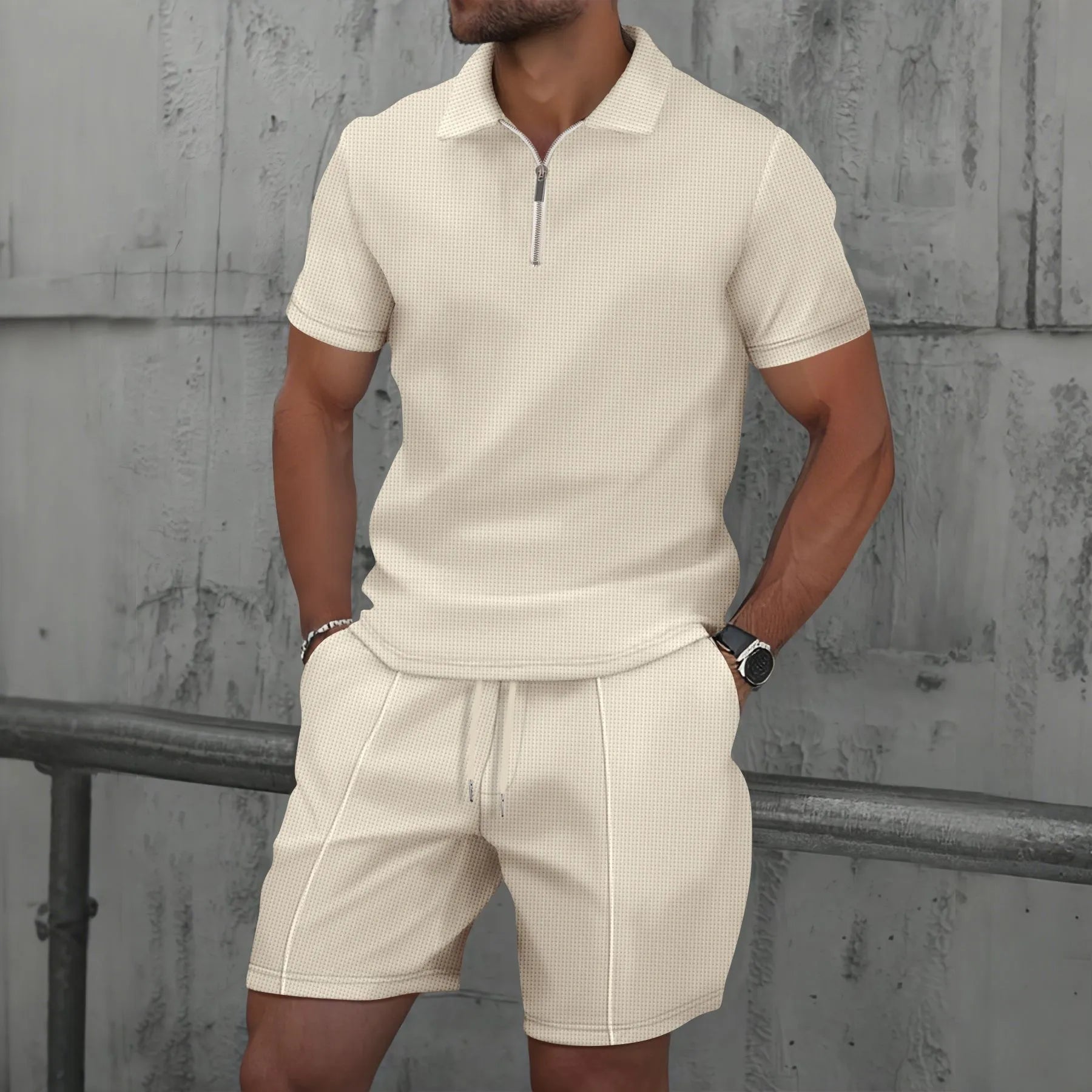 Men's Waffle Zip-Up Short Set