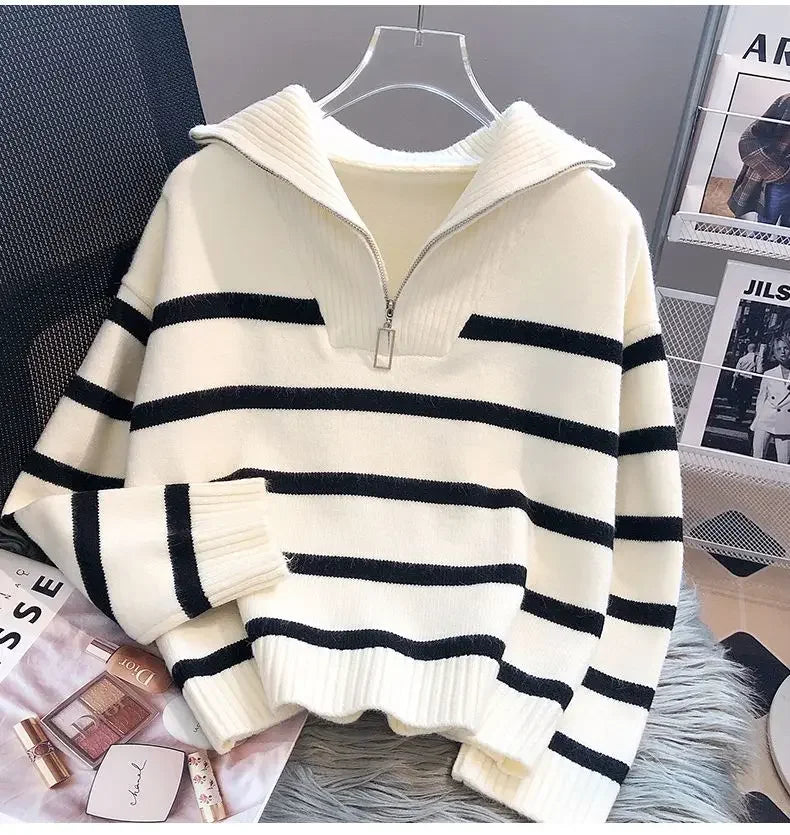 Women's Striped Zip Pullover Sweater