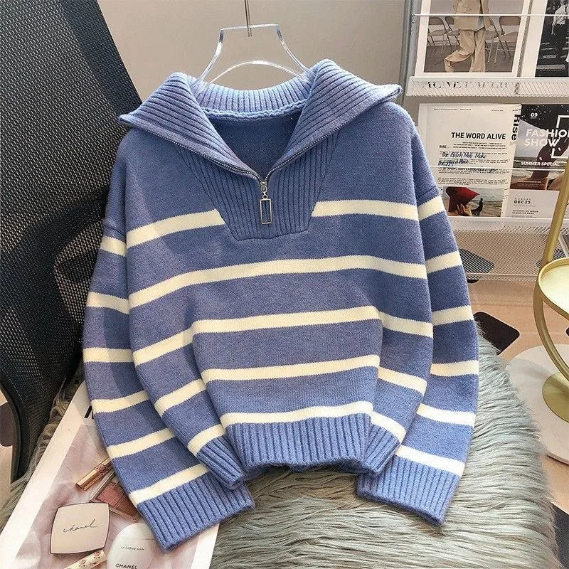 Women's Striped Zip Pullover Sweater