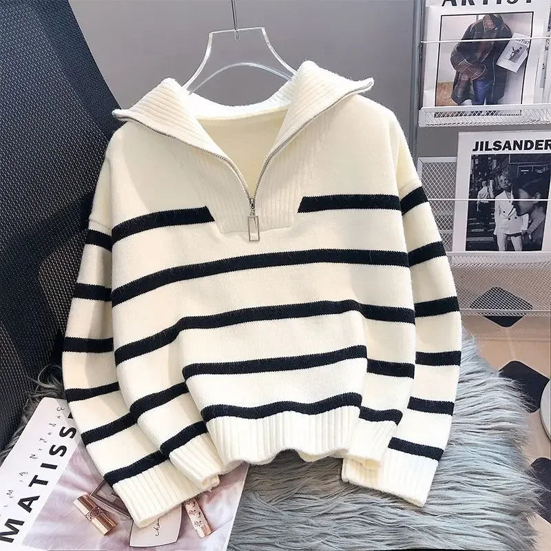 Women's Striped Zip Pullover Sweater