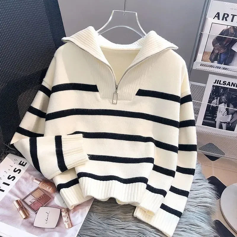 Women's Striped Zip Pullover Sweater