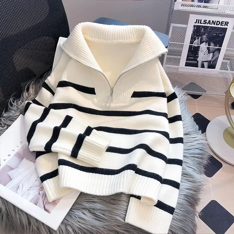 Women's Striped Zip Pullover Sweater
